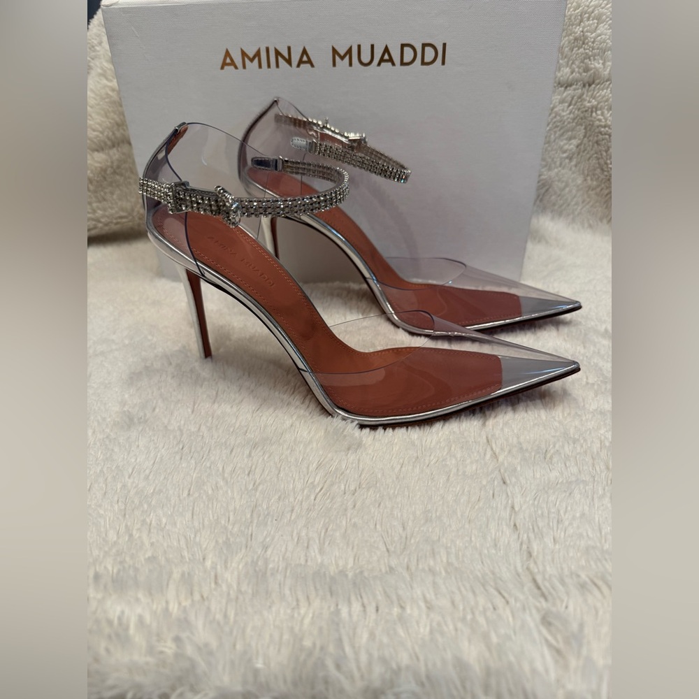 Amina Muaddi Ursina Glass PVC Crystal Pumps, Silver/Clear, NIB, EU 38.5 / US 8.5